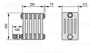 Схема (чертеж) Радиатор Zehnder Charleston 5030/5 №V003 Белый глянцевый RAL 9016